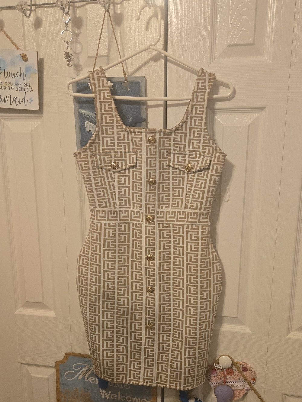 Beige Geometric Button-Front Mini Dress